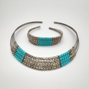 Boho Silver Beaded Collar Necklace & Cuff Bracelet Turquoise Set